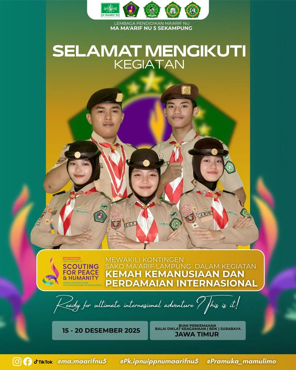 Ma’arif NU 5 Sekampung Lepas Peserta Kemah Kemanusiaan & Perdamaian Internasional di Surabaya