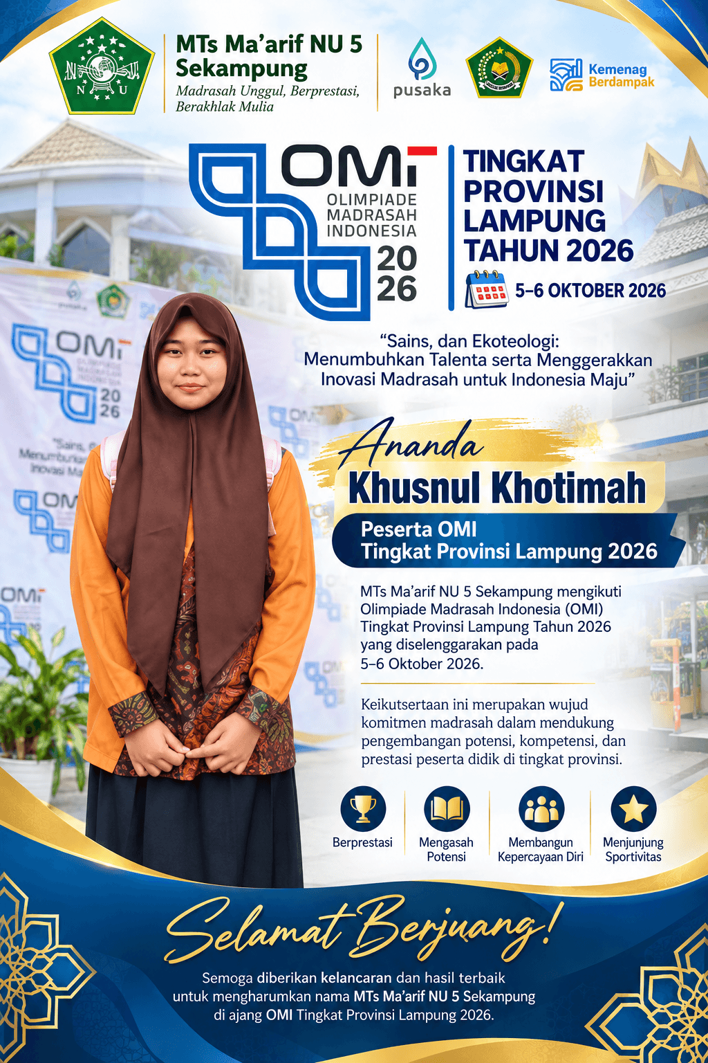 MTs Ma’arif NU 5 Sekampung Kirim Khusnul Khotimah Ikuti OMI Tingkat Provinsi Lampung 2026